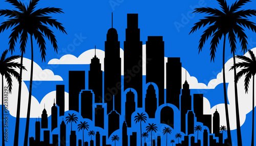 Very beautiful Los Angeles skyline silhouette with elegant palm trees, capturing iconic California urban culture through a refined vector illustration ideal for travel, tourism branding, and modern ar