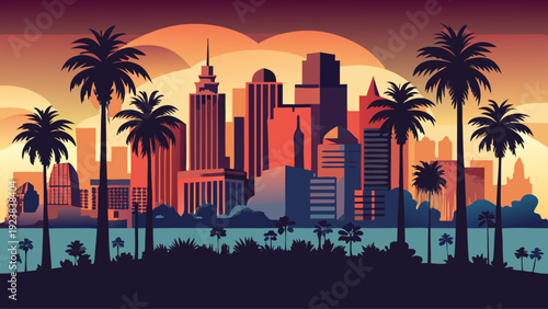 Very beautiful Los Angeles skyline silhouette with elegant palm trees, capturing iconic California urban culture through a refined vector illustration ideal for travel, tourism branding, and modern ar