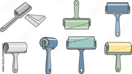 Various Lint Rollers and Cleaning Tools in Pastel Colors on White Background