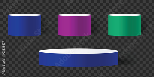 Elegant Display Stands: Four sleek, cylindrical display stands in vibrant colors, perfect for showcasing products or adding a touch of modern sophistication to any presentation.