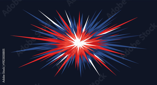 A vibrant abstract graphic illustration depicting a dynamic burst of red, white, and blue light radiating from a central point, symbolizing energy and impact.