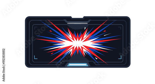 A vibrant digital display shows an energetic red, white, and blue explosion, symbolizing a powerful impact or intense competition within a futuristic interface.