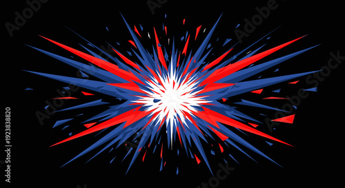 A vibrant abstract explosion of sharp red and blue lines radiates outward from a brilliant white core against a dark background, symbolizing powerful energy and dynamic impact.