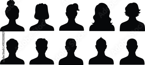 Male and female avatar silhouettes collection, user profile icon set with diverse hairstyles, isolated black head portraits for social media, account interface, and character design