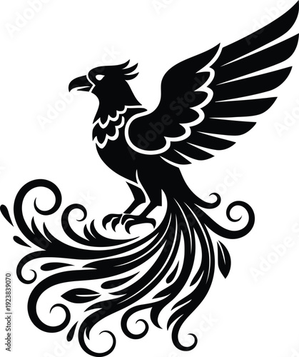 Mythical phoenix bird silhouette with ornamental flaming tail and spread wings for fantasy tattoo design or heraldic symbol.