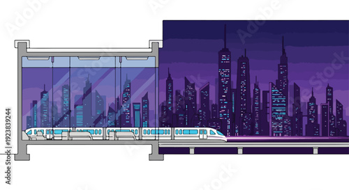 A sleek, silver bullet train speeds through a futuristic station with a vibrant city skyline at night.