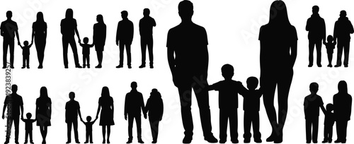 Silhouettes of diverse family groups with parents and children, illustrating modern family structures, relationships, and generational bonds on white background 