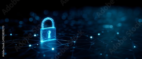 Luminous blue padlock on a dark abstract grid with glowing nodes and lines, symbolizing cyber security, data integrity and protected digital networks