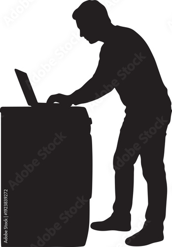 Freelancer Leaning Over Desk Working on Laptop Silhouette Vector.