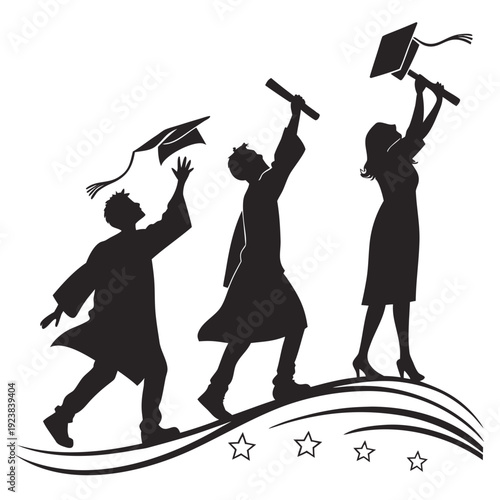 Black silhouettes of graduates throwing caps graduation