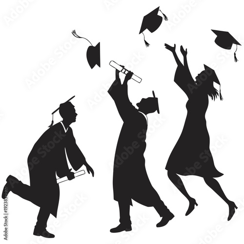 Black silhouettes of graduates throwing caps and holding diplomas