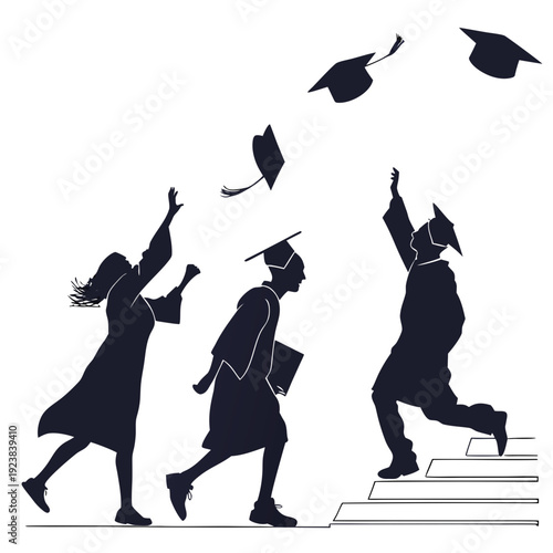 Black silhouettes of graduates throwing caps in air on white background