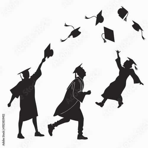 Black silhouettes of graduates throwing caps in air