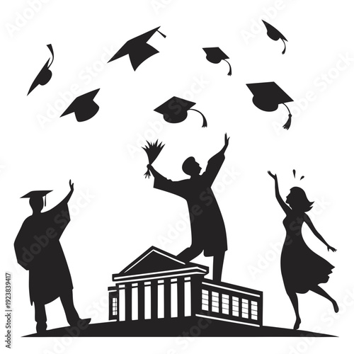 Black silhouettes of graduates throwing caps in front of a building