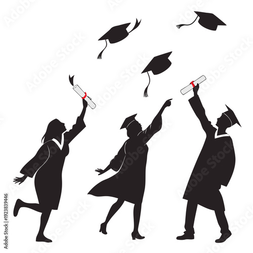 Black silhouettes of graduates throwing hats and diplomas 2