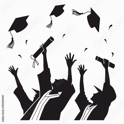 Black silhouettes of graduates throwing hats and diplomas