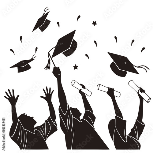 Black silhouettes of graduates throwing hats and diplomas 1