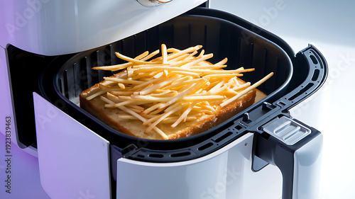 Crispy french fries cooking in a modern air fryer appliance