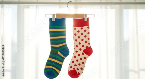 colorful mismatched socks hanging on hanger in soft natural light.