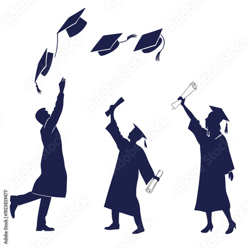 Navy blue silhouettes of graduates tossing caps and holding diplomas