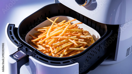 Crispy golden french fries freshly cooked in a deep fryer basket.