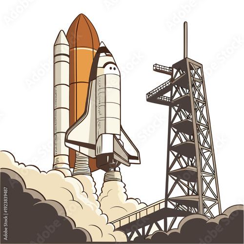 Space shuttle launching from tower with smoke and clouds