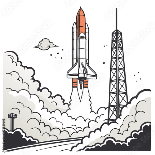 Orange and white rocket launching from tower with clouds and smoke