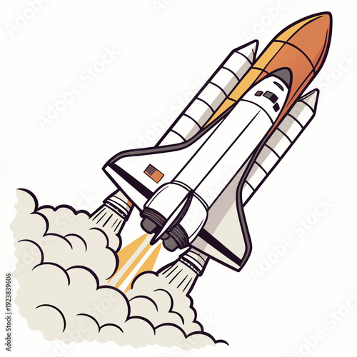 Cartoon style of a space shuttle launching into the air with smoke and flames