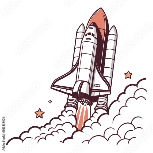 Of a space shuttle launching into the sky with clouds and stars