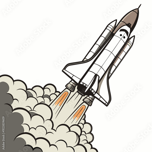 Cartoon style space shuttle launching with smoke and flames