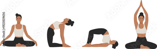 Woman practicing yoga poses set, female character in meditation and stretching exercises vector illustration collection for fitness, wellness, mindfulness and healthy lifestyle design