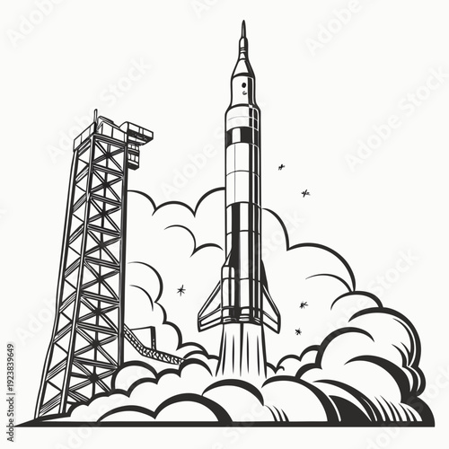 Black and white of a rocket launching from a tower