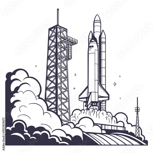 Heavy rocket launching from a tower with clouds and stars