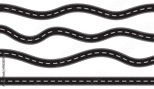 Straight Wavy Roads Icon Set, Road Trip Journey Paths, Curved Horizontal Routes, Travel Navigation Transportation Infographic Vector