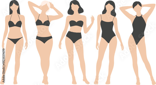 Women in black lingerie and swimsuit set, diverse female body types vector illustration collection for beauty, fashion, body positivity and inclusive lifestyle concept design