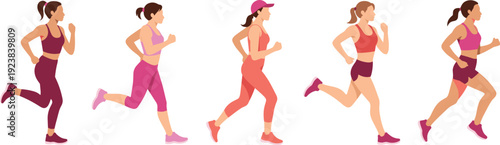 Women running set in sportswear, female jogger characters in motion poses vector illustration collection for fitness training, healthy lifestyle, workout and marathon concept design