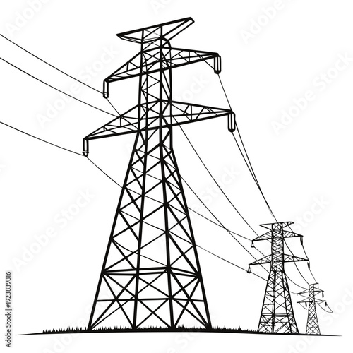 Black and white of electricity pylons and power lines