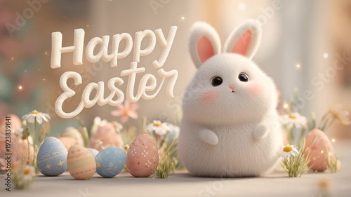 Cute bunny surrounded by colorful eggs and flowers for Easter celebration at springtime