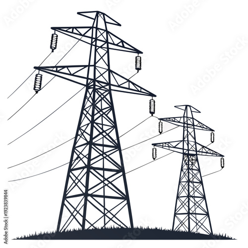Two power transmission towers with insulators and wires on grassy terrain