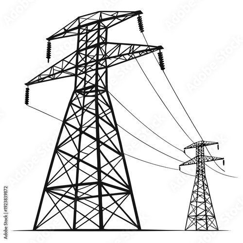Black and white of two power transmission towers electricity pylons