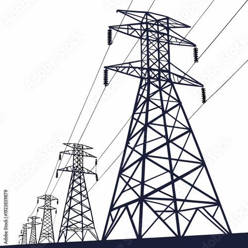 Electric power transmission towers with wires on white background