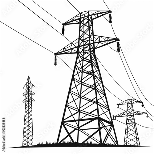 Black and white of three power transmission towers