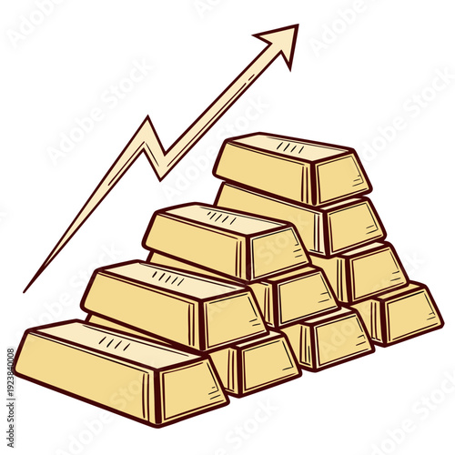 Gold bars stacked in a pyramid with an upward arrow