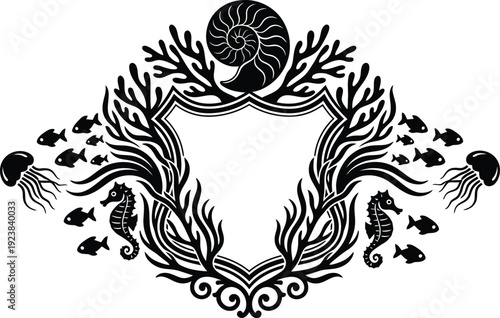 Black silhouette ornate underwater heraldic shield with sea creatures fish jellyfish seahorse and nautilus vector design element.