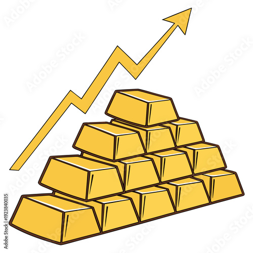 Gold bars stacked with rising graph arrow stacked gold