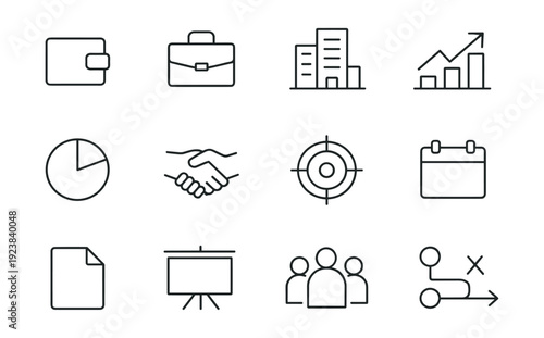 Collection of business and finance icons representing growth, planning, and teamwork