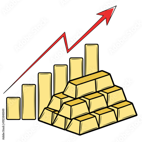 Gold bars with rising red graph line gold bullion stacked gold