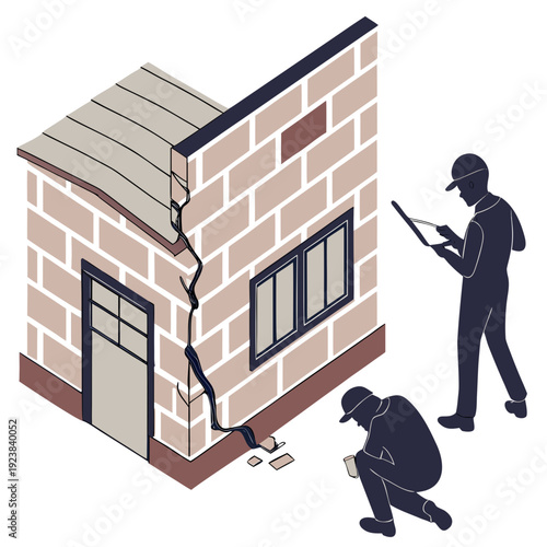 Damaged brick building with inspectors damaged building