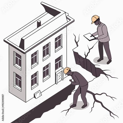 Construction workers inspect damaged house with cracked foundation and roof