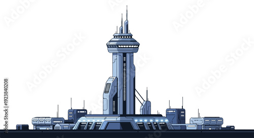 A futuristic cityscape at night featuring a sleek skyscraper with a distinctive tower and spires, set against a dark blue and gray urban skyline.